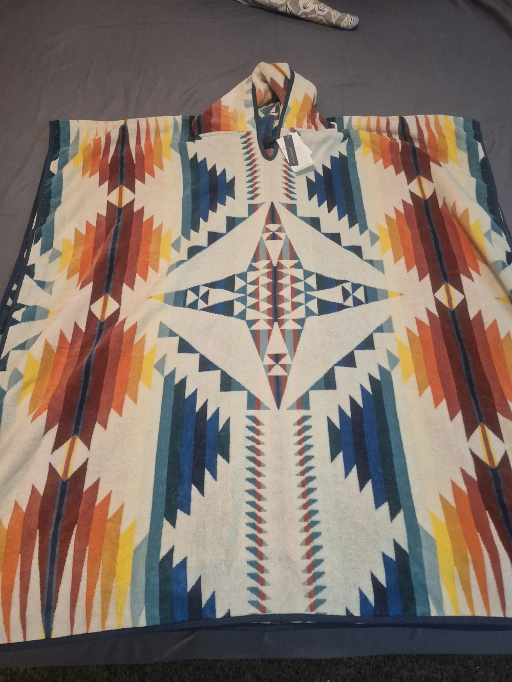 Pendleton Cream Hooded Towel with Blue, Red, Orange & Yellow Geometric Pattern
